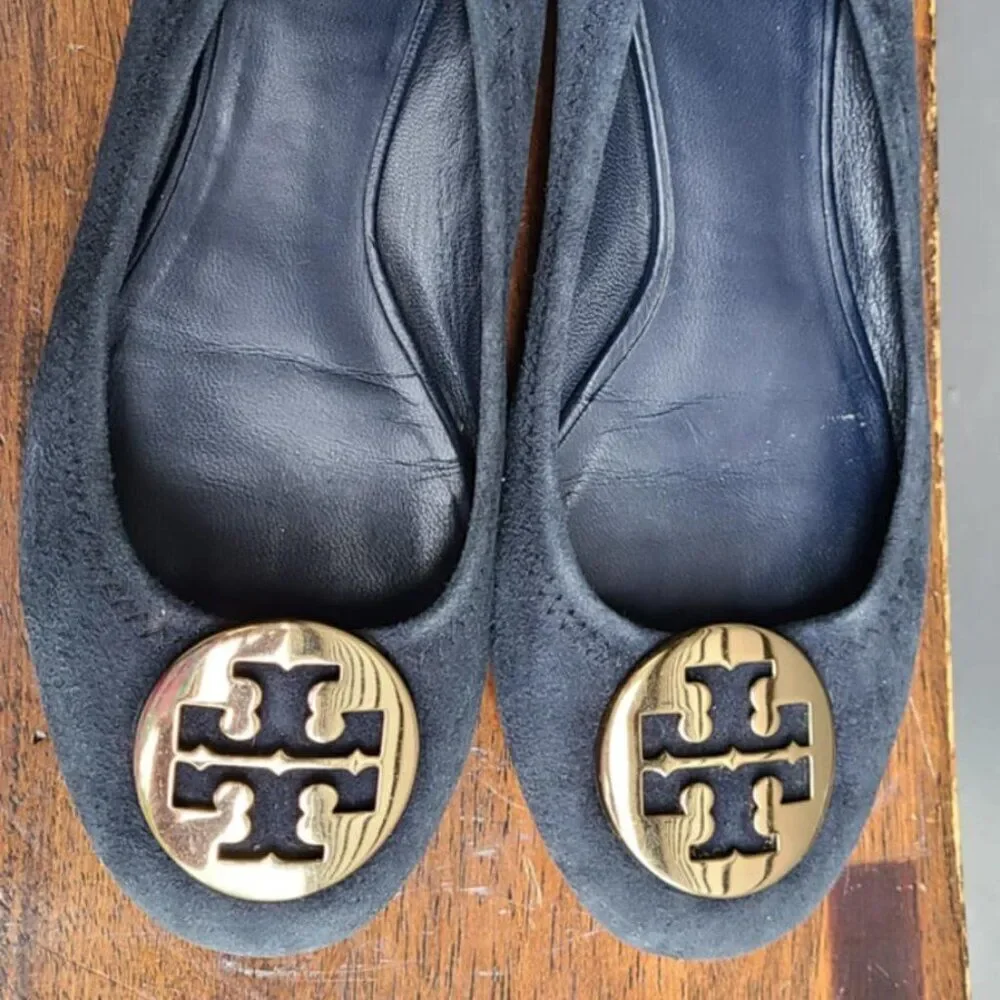 Tory Burch Navy Suede Reva Flats with Logo size 8